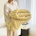 Soft light yellow faux rabbit fur blanket with textured corn kernel striped pattern - Rabbit Plush Milk Yellow