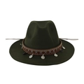 Detail of dark green fedora featuring ethnic woven band and hanging silver coins - 58cm / Army Green