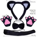 Black cat ear cosplay set with plush ears, pink paw gloves, bow tie and tail details - Black Faux Fur Animal Ear 3-Piece Set With Gloves
