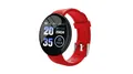Detail view of the D18 smart fitness tracker with red silicone strap and digital UI display - Red