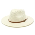 Macro detail of panama straw hat weave with brown leather band and bronze buckle - M (56-58cm) / Cream