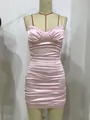 Pink satin ruched mini bodycon dress with spaghetti straps and cup detail - S / Pink