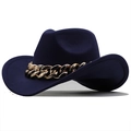 Detailed view of dark blue wool fedora featuring a decorative gold metal chain link - M(56-58cm) / Navy Blue