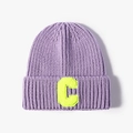 Purple knit beanie featuring a vibrant lime green letter C patch in towel embroidery - One Size / Mauve