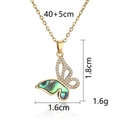 Macro detail of golden butterfly necklace with shell inlay and size measurements - Gold Graceful Butterfly Necklace