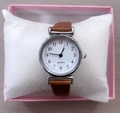 Luxury quartz watch with white dial, silver case, and brown leather strap in a gift box - Brown Strap Numeric Dial