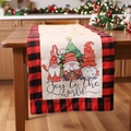 Christmas burlap table runner featuring holiday gnomes and red black buffalo plaid border - Striped Hat Gnome