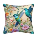 Macro detail of 3D hummingbird and floral pattern on high-quality decorative cushion cover - 18x18 Inch