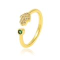 Golden Hamsa hand open ring with green stone and pavé zircon accents for women - J1051 (Hamsa Hand With Green Stone)