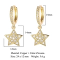 Detailed size chart of gold star drop earrings with dimensions 29x12mm and CZ materials - Gold Star Hoop