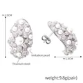 Detail view of teardrop titanium steel earrings with inlaid pearls and dimensions - Steel Color Earrings (F1477) / Silver
