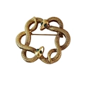 Vintage gold snake brooch featuring green gemstone eyes and detailed scale texture - Double Snake Gold