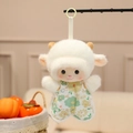 Cute white plush sheep charm wearing floral green overalls with a matching hanging hook - Lamb