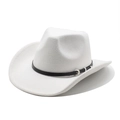 Detail of white wool fedora hat with a black leather band and silver metal buckle - M (56-58cm) / White
