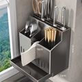 Portacoltelli da cucina grigio canna di fucile dimensioni 18x19,2x10cm per posate - Doppio Uso a Parete/Appoggio / Portacoltelli/Cucchiai/Bacchette in Acciaio Inox - Grigio Fucile