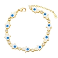 Golden Hamsa Hand bracelet with white enamel evil eye charms and sparkling zircons - White