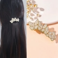 Golden butterfly hair clip with white pearls shown on model and close-up view - Gold Butterfly