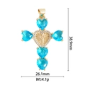 Détail du pendentif croix dorée avec pierres de cœur bleues et mesures de taille - Croix Vierge Marie Pierre Cœur Bleue