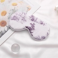 Faux silk eye mask featuring a purple Toile de Jouy print and elegant lavender piping - Ink Landscape-Purple French