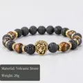 Men's lava stone and tiger eye bracelet with a golden lion head charm and 20g weight - 20092803-Gold Lion Head