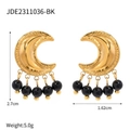 Gold moon earrings with black onyx beads hanging on wave textured stainless steel studs - Moon Beaded Dangle Style (JDE2311036-BK)