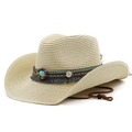 Chapeau de cow-boy beige en paille avec bande ethnique perlée et pierre turquoise - M (56-58cm) / Beige