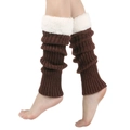 Close-up of brown knit leg warmers with white faux fur trim on model legs - One Size / Coffee