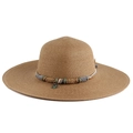 Women's summer straw sun hat with wide brim, decorative beaded band and starfish charm - M (56-58cm) / Khaki