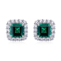 Square emerald stud earrings in S925 silver with sparkling halo stones on white background - Lab Emerald [Octagon 6*6MM] ER023393