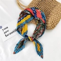 Colorful pleated square silk scarf with geometric patterns in yellow and blue - Green Saddle with Dots