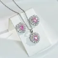 Pink heart-shaped ruby necklace and earring set with micro-pave cubic zirconia diamonds - Pink Set With Chain