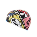 Polyester swimming cap with colorful pop art comic print design in a side view - Boom Laser Pattern