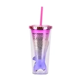 Pink and gold gradient mermaid tail straw cup with metallic lid and scales pattern - Mermaid Tail Liner/Pink Lid / Type A/Purple Pink Gold Gradient