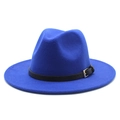 Detail of navy wool fedora hat featuring a black leather band with a silver square buckle - Sapphire Blue
