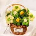 Handmade crochet sunflower basket with white lace ribbon and pearl beads handle décor - 9 Green Puff Flowers Basket