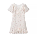 Floral print V-neck dress in white with pink roses and ruffled cap sleeves - S / White Pink Floral