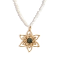 18K gold plated stainless steel petal pendant necklace with green stone and white beads - Gold-White