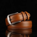 Classic men's brown leather belt with vintage metal pin buckle and stitched edges - 110cm / Yellow Brown