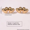 Detailed view of gold double heart earrings in stainless steel with size measurements - Double Overlapping Heart