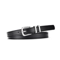 Ceinture fine en cuir noir pour femme avec boucle carrée argentée sur fond blanc - Noir
