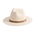 Detail of beige felt fedora hat featuring a brown leather strap and gold metal buckle - M(56-58cm) / Beige + Brown Belt
