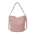 Sac seau en cuir grainé rose avec poignée tressée et longue bandoulière réglable - Rose