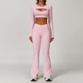 Set yoga rosa 2 pezzi con top a maniche lunghe e pantaloni svasati a vita alta - L / Top E Pantaloni / Manica Lunga + Pantaloni a Zampa / Rosa Pesca