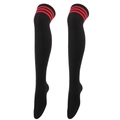Detail view of black over-knee high socks with three red stripes and knitted texture - One Size / Black with Red Stripes