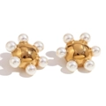 Retro 18K gold plated wheel stud earrings with white pearl beads and polished metal ball - Gold