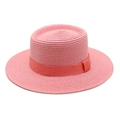 Chic pink straw boater hat with a flat top and matching ribbon for summer sun protection - Dusky Pink