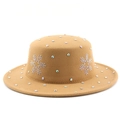 Camel wool felt fedora with sparkling rhinestone snowflake motifs and flat top design - Rhinestone Snowflake Pattern / Khaki