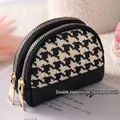 Mini canvas portemonnee met pied-de-poule patroon, dubbele rits en lederen trim - Dubbele Rits / Zwart-wit Houndstooth