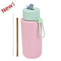 Pink matte stainless steel sports bottle 1L with extra gold straw and cleaning brush set - 1 L / Pop-up Straw Lid / Light Green + Light Pink
