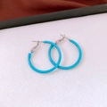 Detailed close-up of blue lace round hoop earrings with glossy 14K gold plated silver pins - 26# Blue Smooth Medium Hoop Earring 3cm